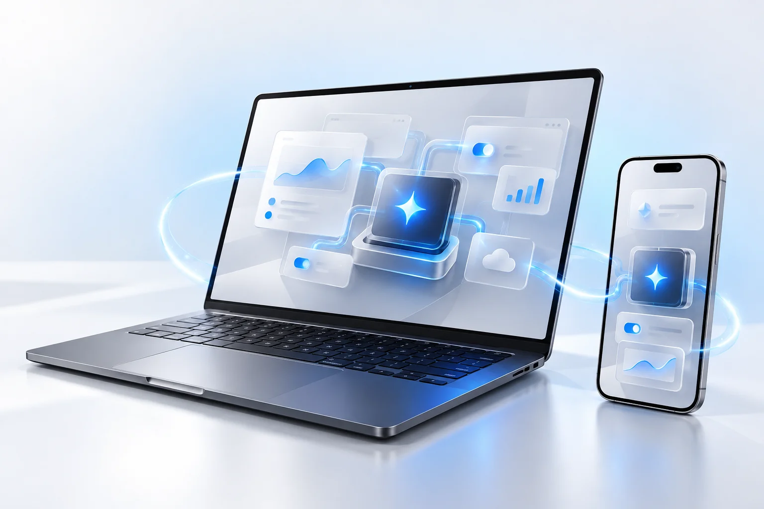 AI application development – laptop and phone with AI-powered interface