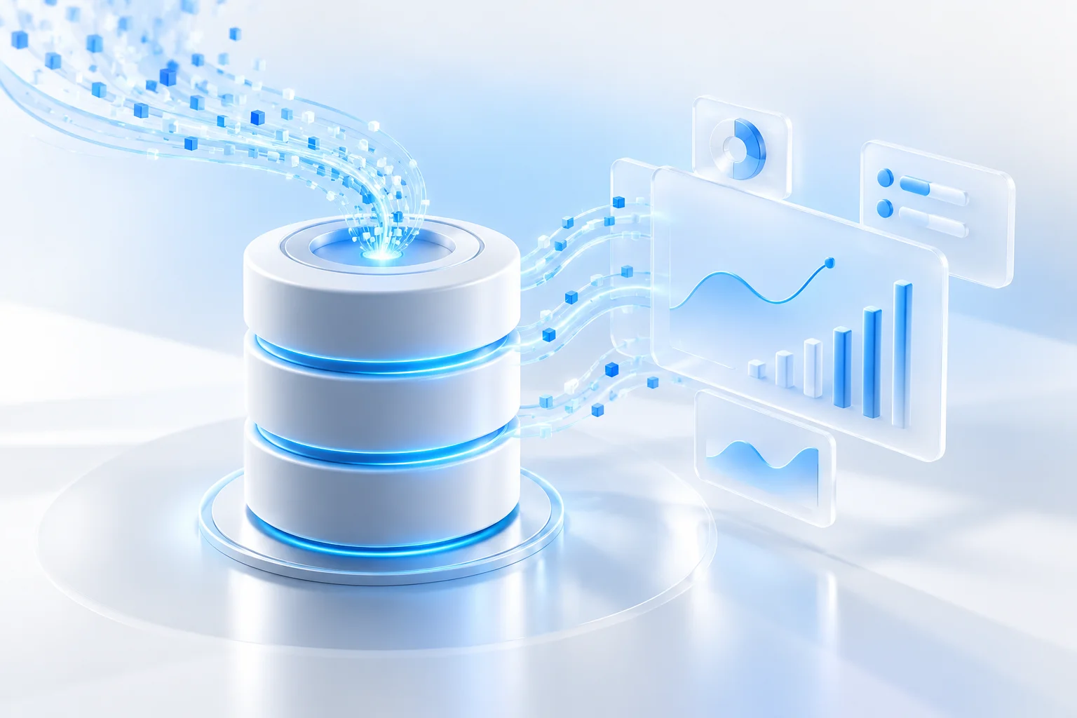 AI-driven data services – database with data flowing into analytics charts