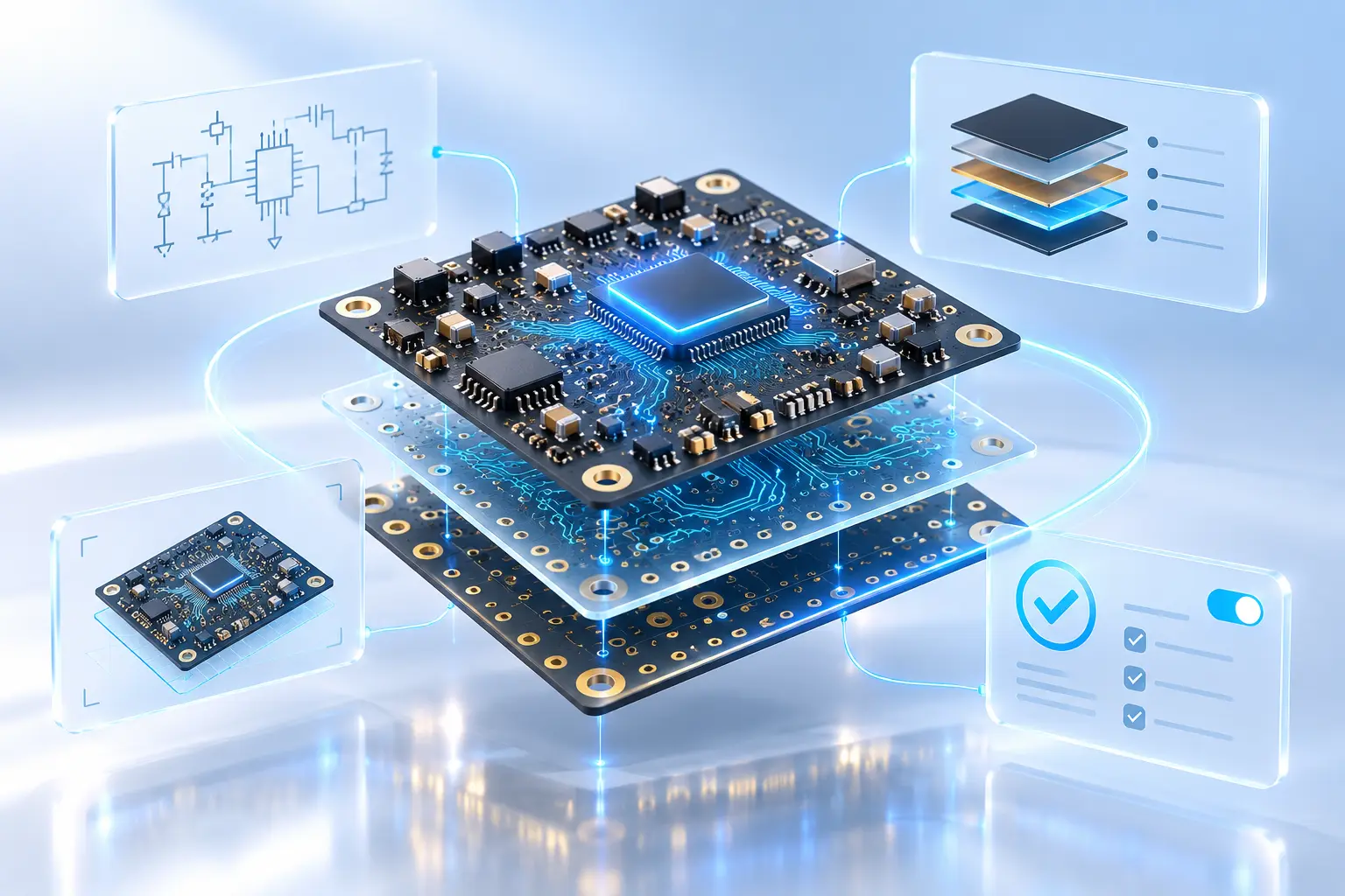 PCB designing – multi-layer printed circuit board in exploded view